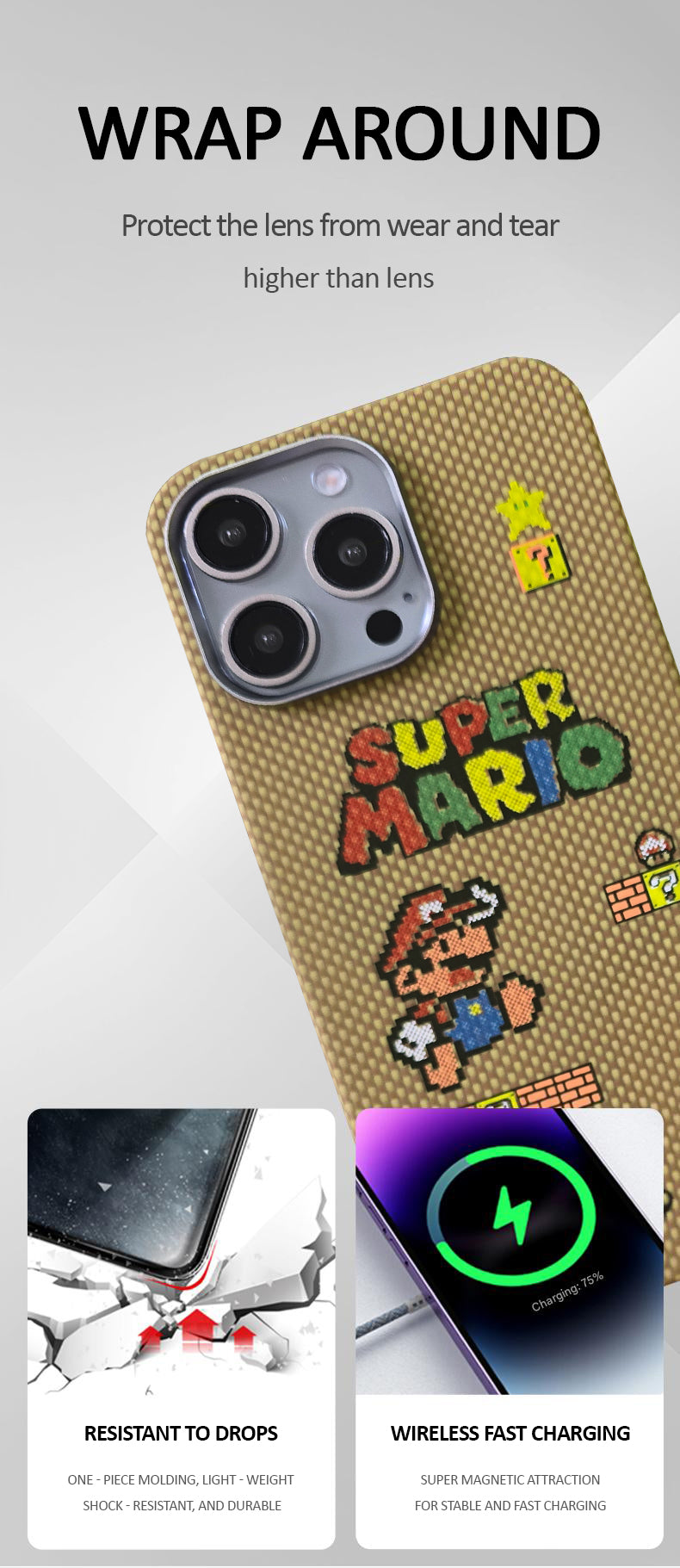 Super Mario 100% Kevlar Carbon Fiber Fluorescent luminous Phone Case Magsafe Cover