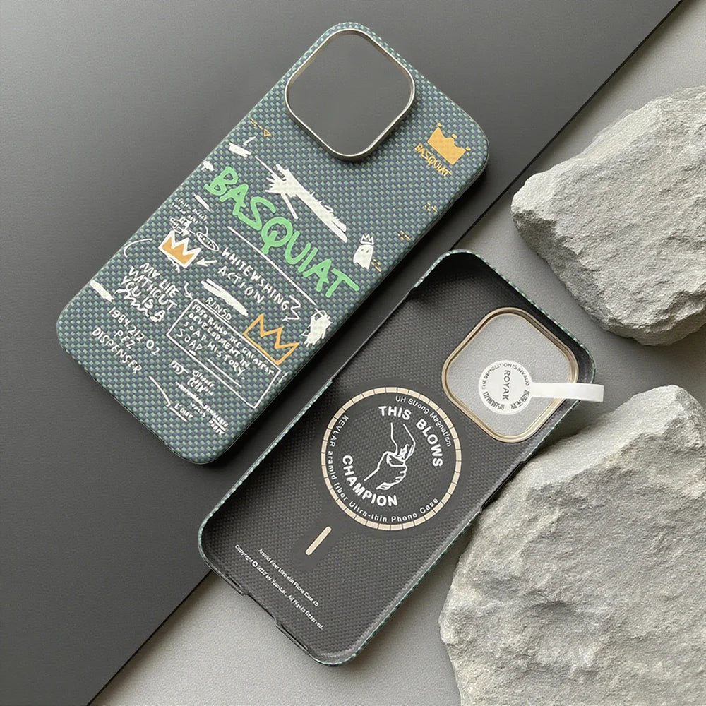 Basquiat Greenish Fluorescent Light Lxury 100% Kevlar Phone Case Magsafe Anti-Bumping Cover