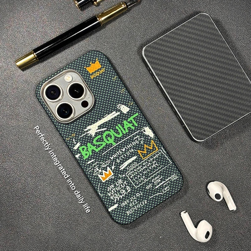 Basquiat Greenish Fluorescent Light Lxury 100% Kevlar Phone Case Magsafe Anti-Bumping Cover