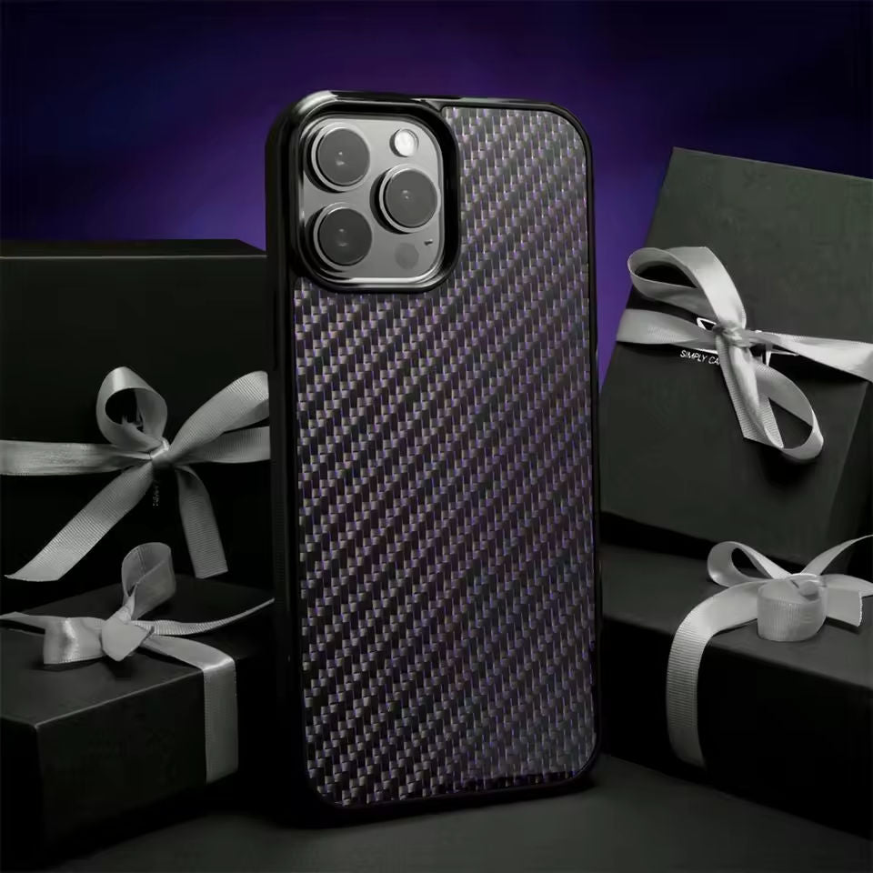 Glossy Carbon Fiber 3K Twill Titanium Silk for iPhone 16 Pro Max 15 14 13 12 11 Case Anti-fall Wireless Charge Cover Shell