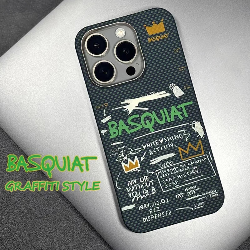 Basquiat Greenish Fluorescent Light Lxury 100% Kevlar Phone Case Magsafe Anti-Bumping Cover
