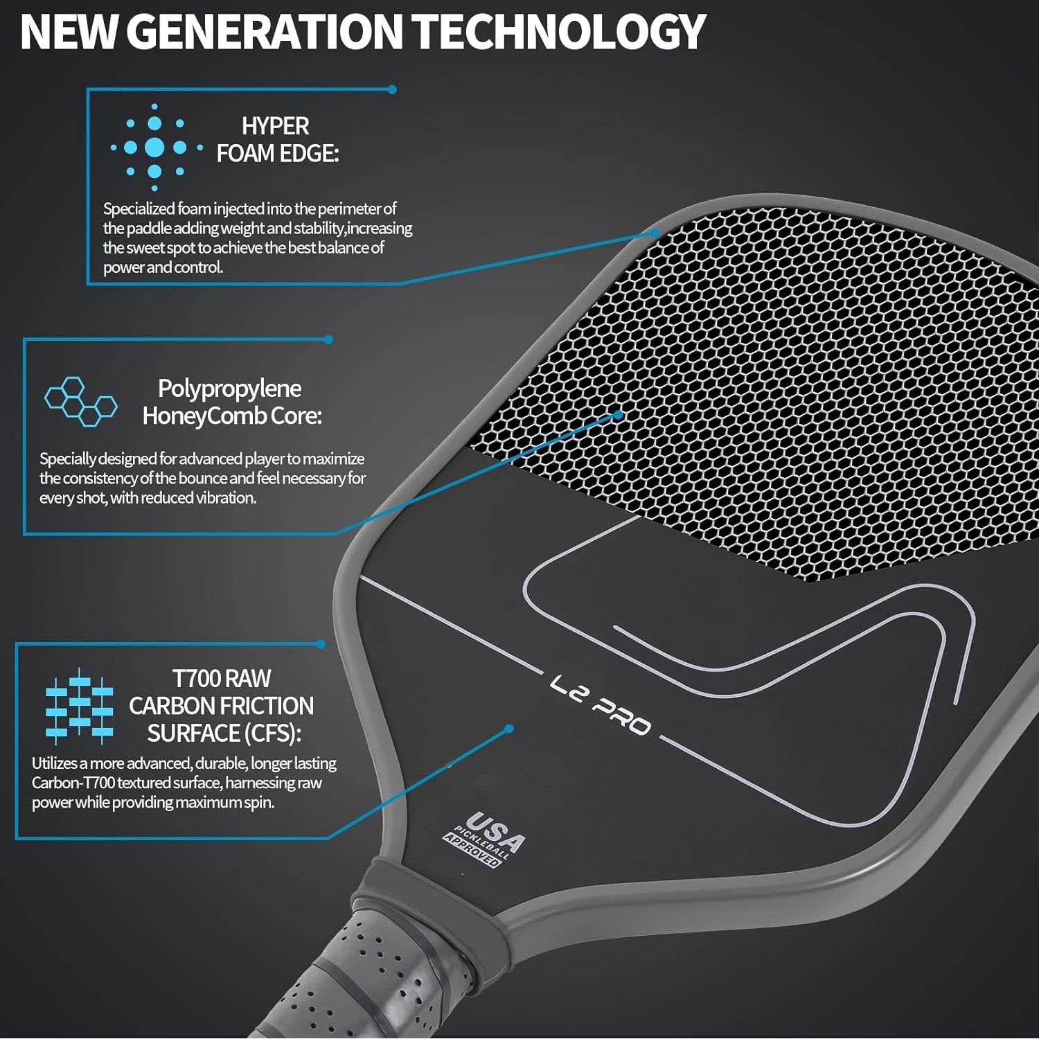 Professional T700 Carbon Fiber Pickleball Paddle Simple Lines USAPA Approved