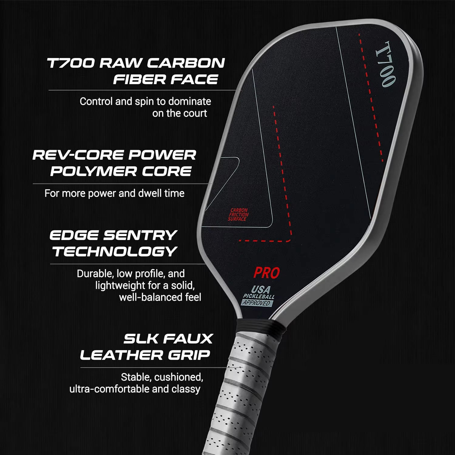 Professional T700 Carbon Fiber Pickleball Paddle Simple Lines USAPA Approved