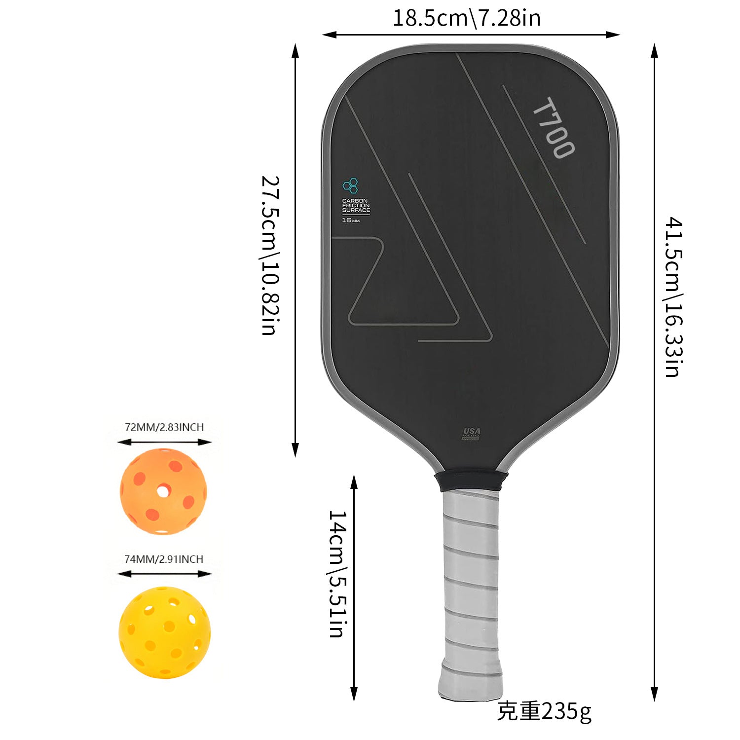 TOP T700 Carbon Fiber Pickleball Paddle USAPA Approved Sandblasted Surface Elongated Grip Pro Spin Paddle