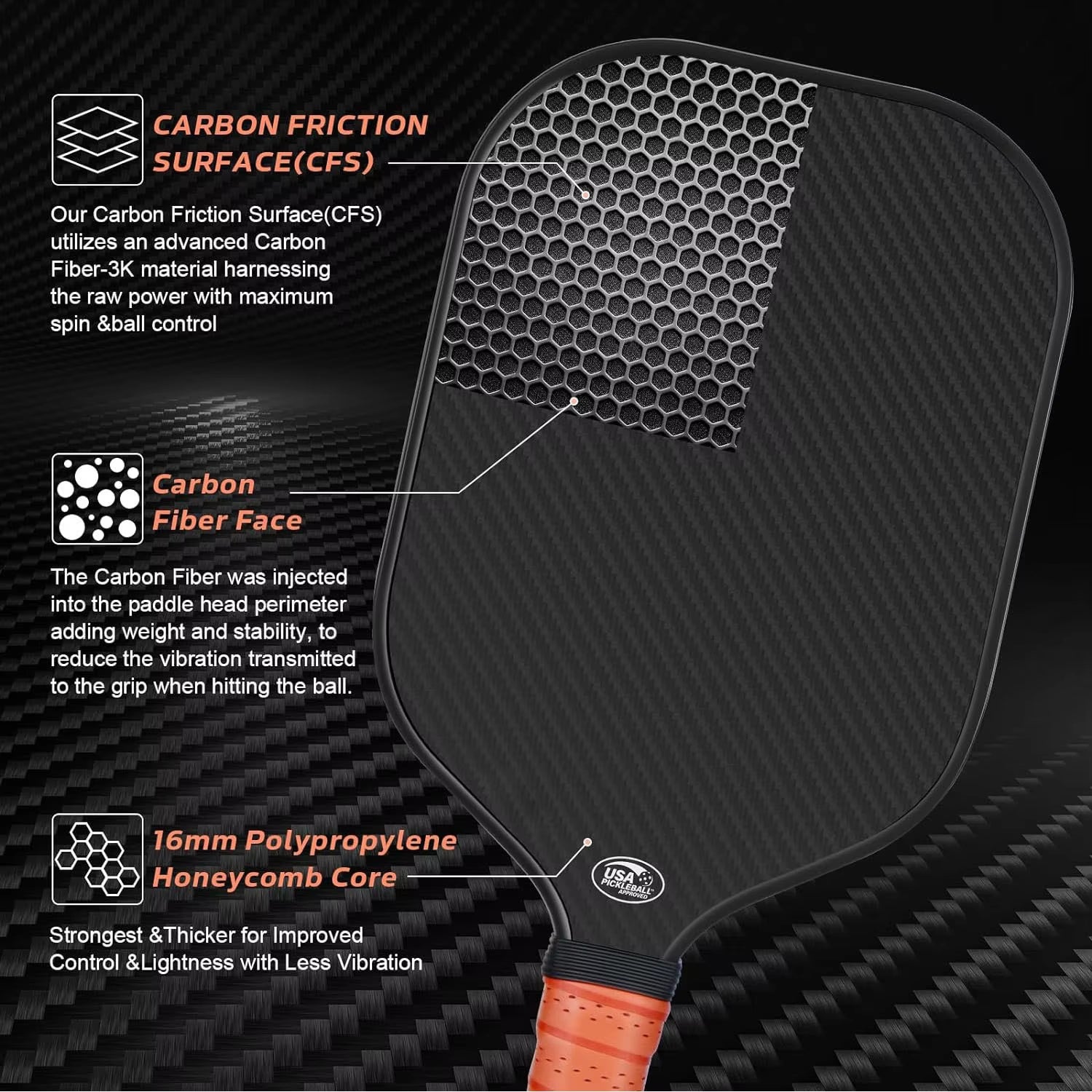 Professional T700 Carbon Fiber Pickleball Paddle USAPA Approved Sandblasted Surface Elongated Grip Pro Spin Paddle with Bag